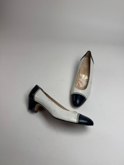 Vintage Salvatore Ferragamo Leather Pumps Navy White