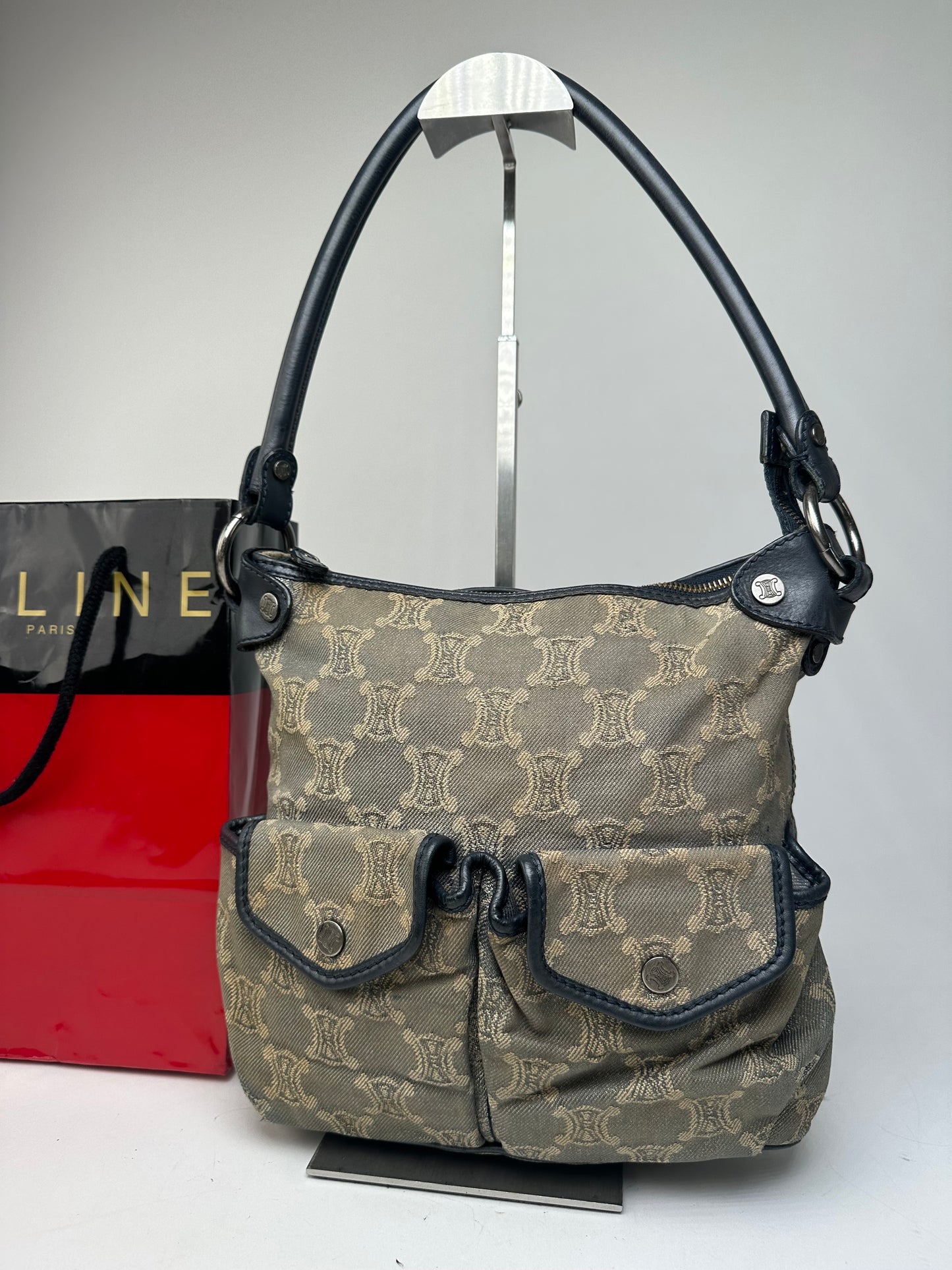 Vintage Celine Canvas Shoulder Bag Grey