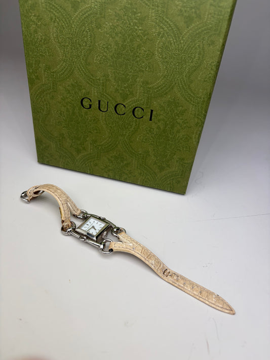 Vintage Gucci Signora Crocodile Strap Watch Beige Cream