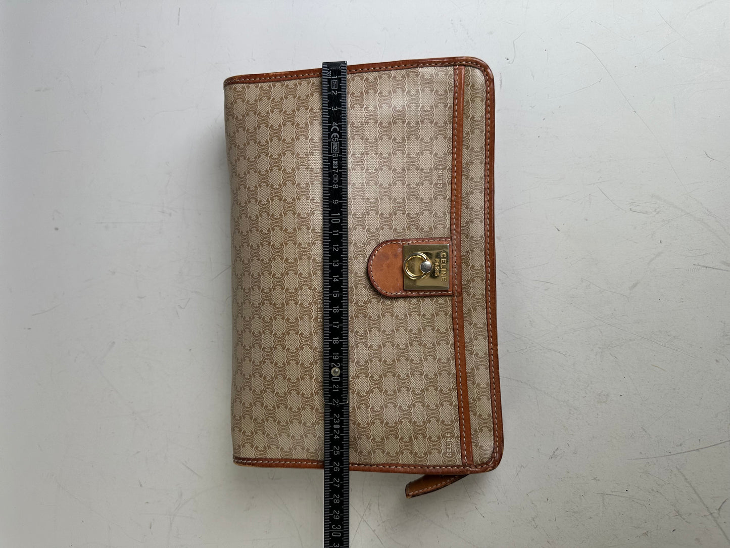 Vintage Celine Monogram Canvas Clutch Beige Tan Gold
