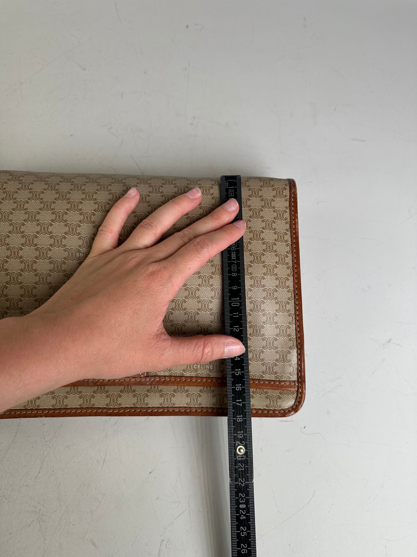 Vintage Celine Monogram Canvas Clutch Beige Tan Gold