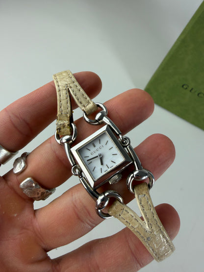 Vintage Gucci Signora Crocodile Strap Watch Beige Cream