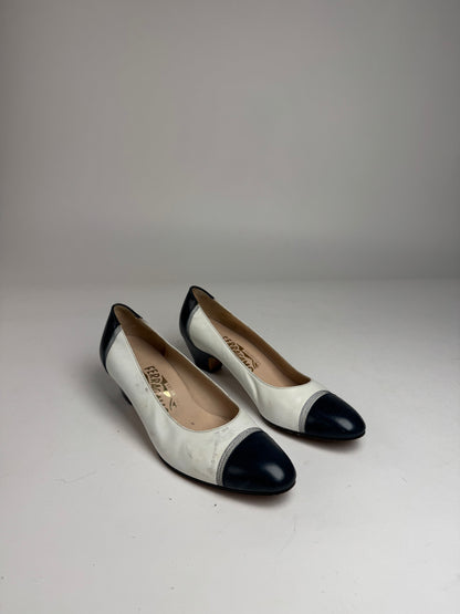 Vintage Salvatore Ferragamo Leather Pumps Navy White