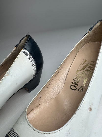 Vintage Salvatore Ferragamo Leather Pumps Navy White