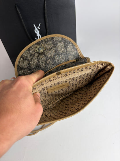Vintage Yves Saint Laurent Mombasa Leopard Canvas Flap Crossbody Bag Late 1980s Beige Grey