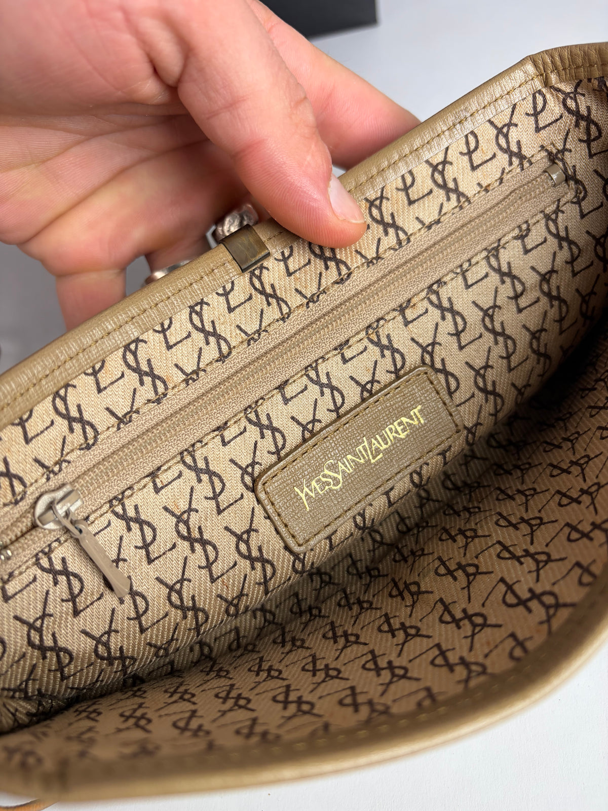 Vintage Yves Saint Laurent Mombasa Leopard Canvas Flap Crossbody Bag Late 1980s Beige Grey