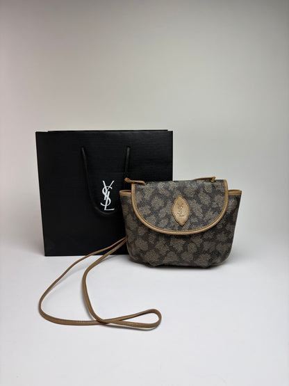 Vintage Yves Saint Laurent Mombasa Leopard Canvas Flap Crossbody Bag Late 1980s Beige Grey