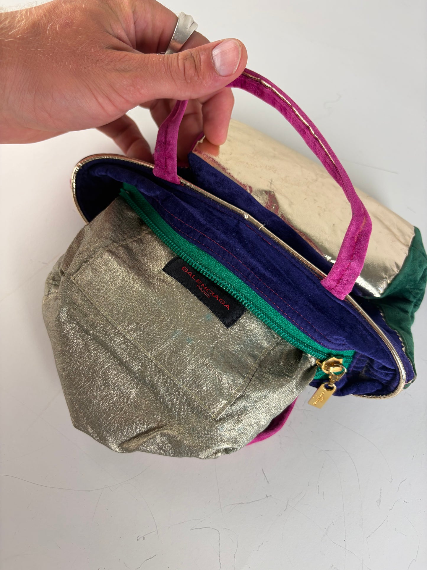 Vintage Balenciaga Velvet Mini Tote Bag Purple Pink Green