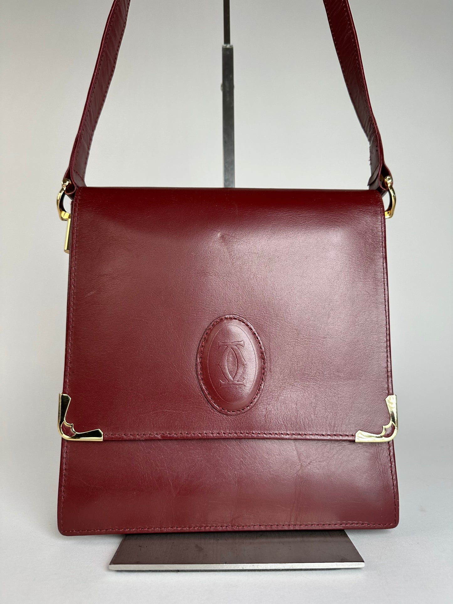 Vintage Cartier Leather Shoulder Bag Burgundy