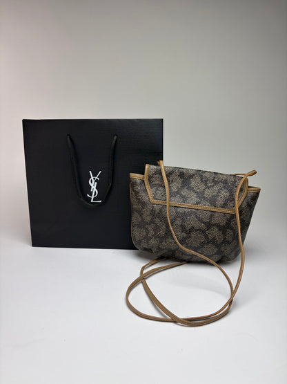 Vintage Yves Saint Laurent Mombasa Leopard Canvas Flap Crossbody Bag Late 1980s Beige Grey