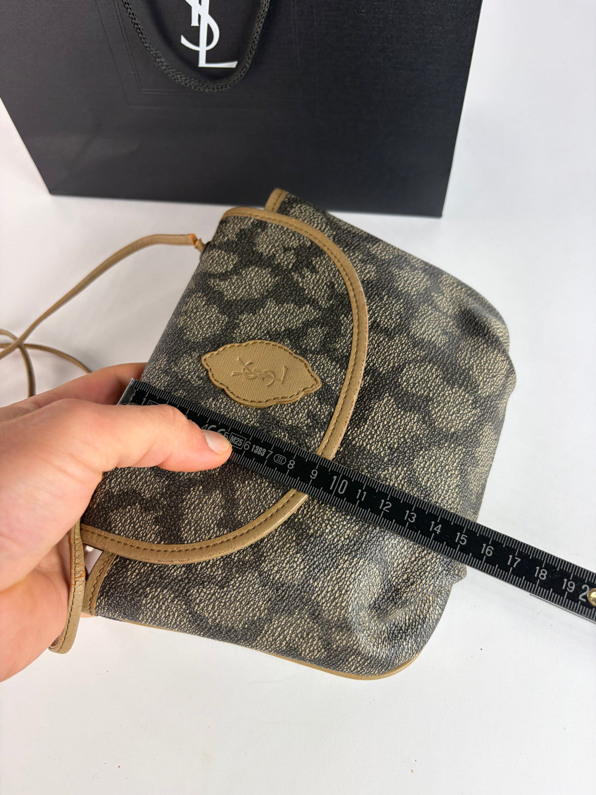 Vintage Yves Saint Laurent Mombasa Leopard Canvas Flap Crossbody Bag Late 1980s Beige Grey