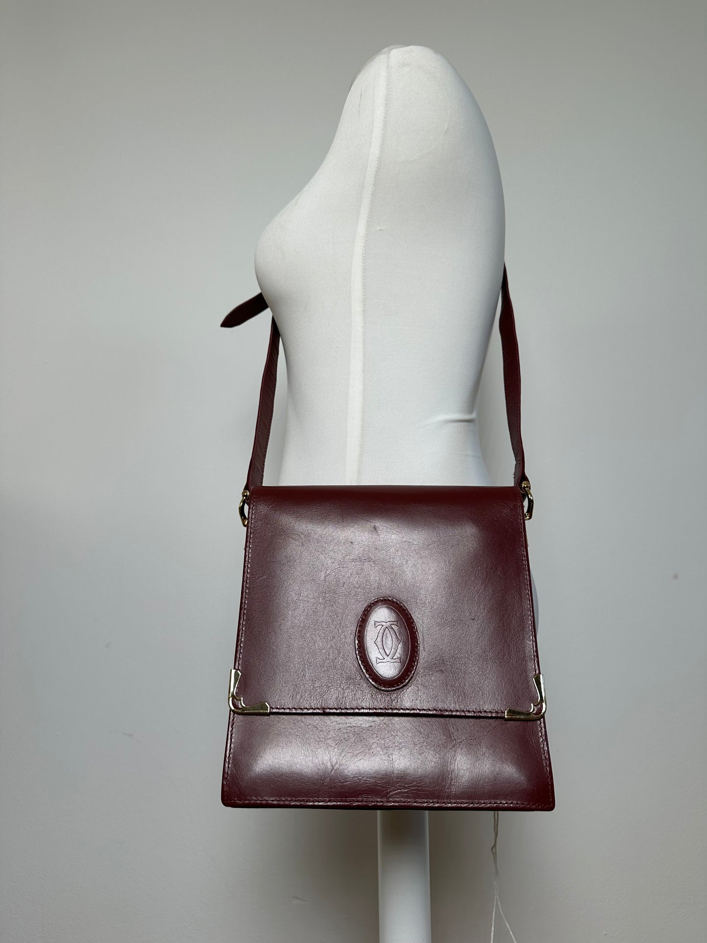 Vintage Cartier Leather Shoulder Bag Burgundy