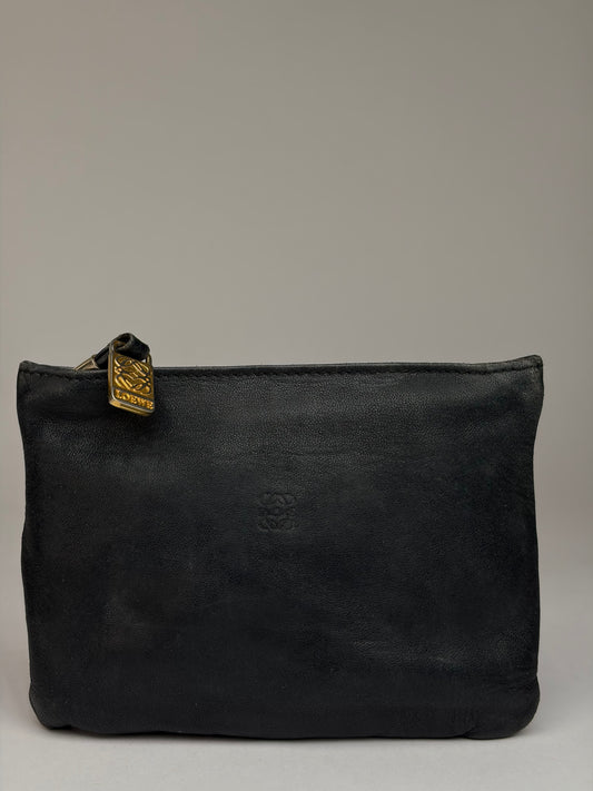 Vintage Loewe Leather Clutch Pouch Late 1970s Black Gold
