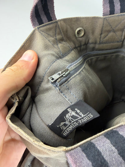 Vintage Hermes Canvas Stripe Tote Gray Black Purple