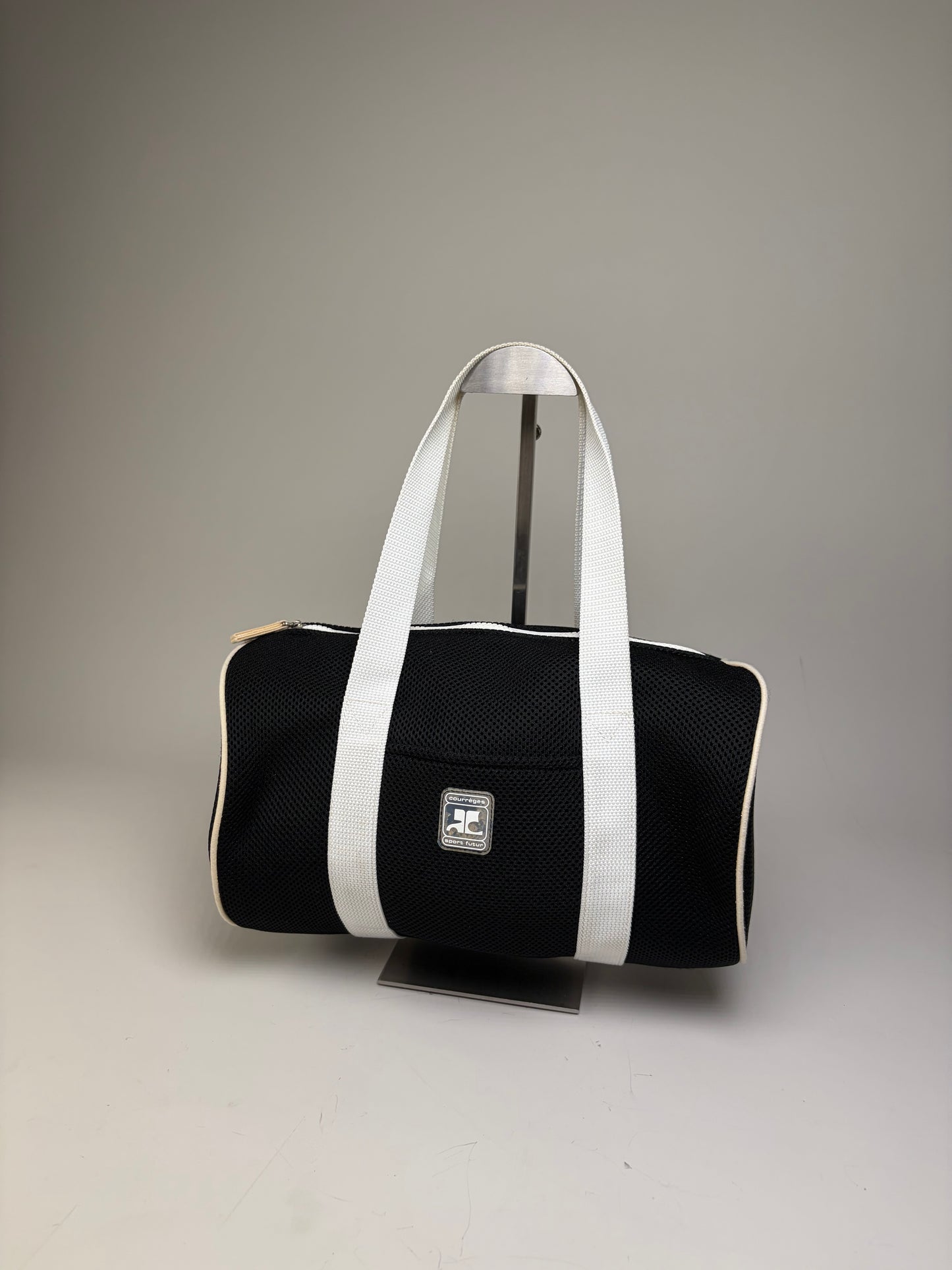 Vintage Courreges Mesh Leather Trim Tote Black White