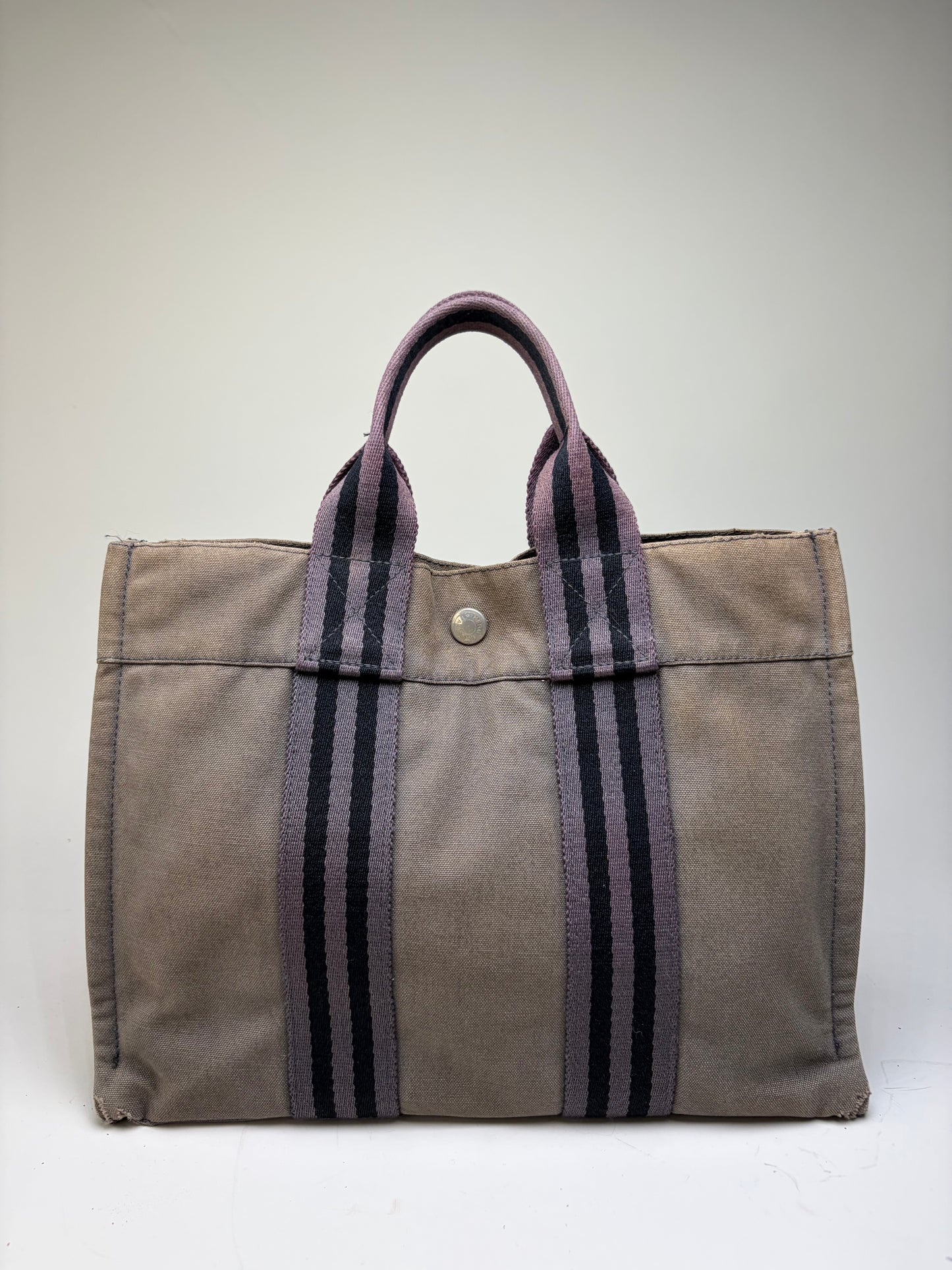Vintage Hermes Canvas Stripe Tote Gray Black Purple