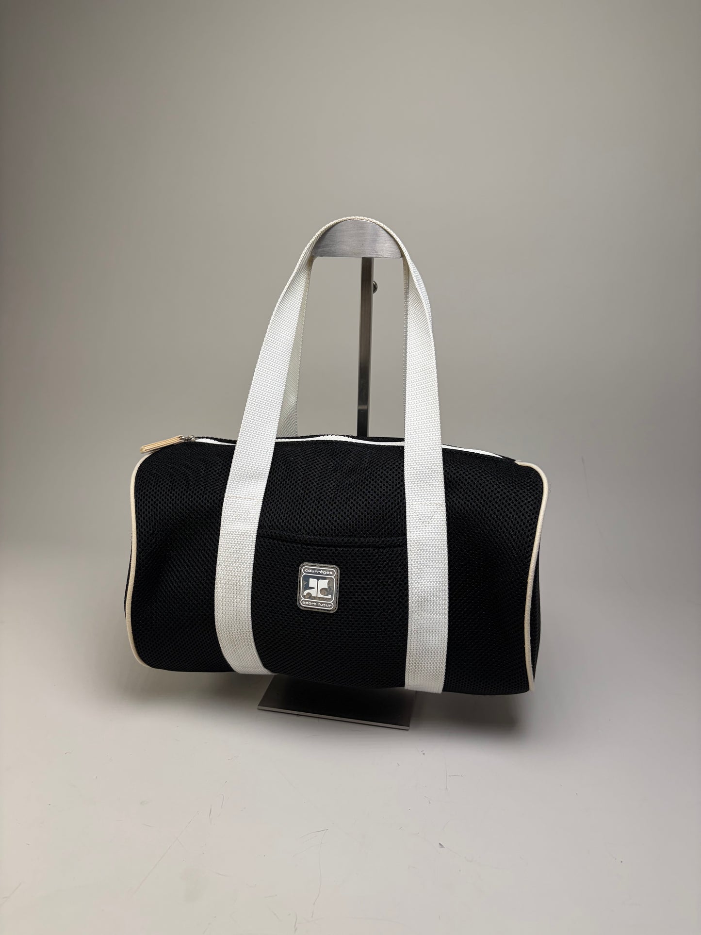 Vintage Courreges Mesh Leather Trim Tote Black White