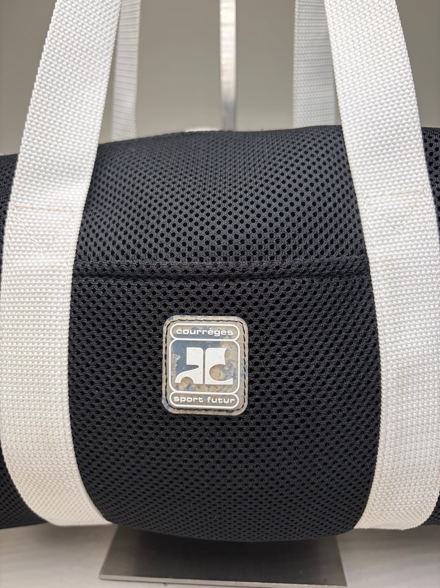 Vintage Courreges Mesh Leather Trim Tote Black White