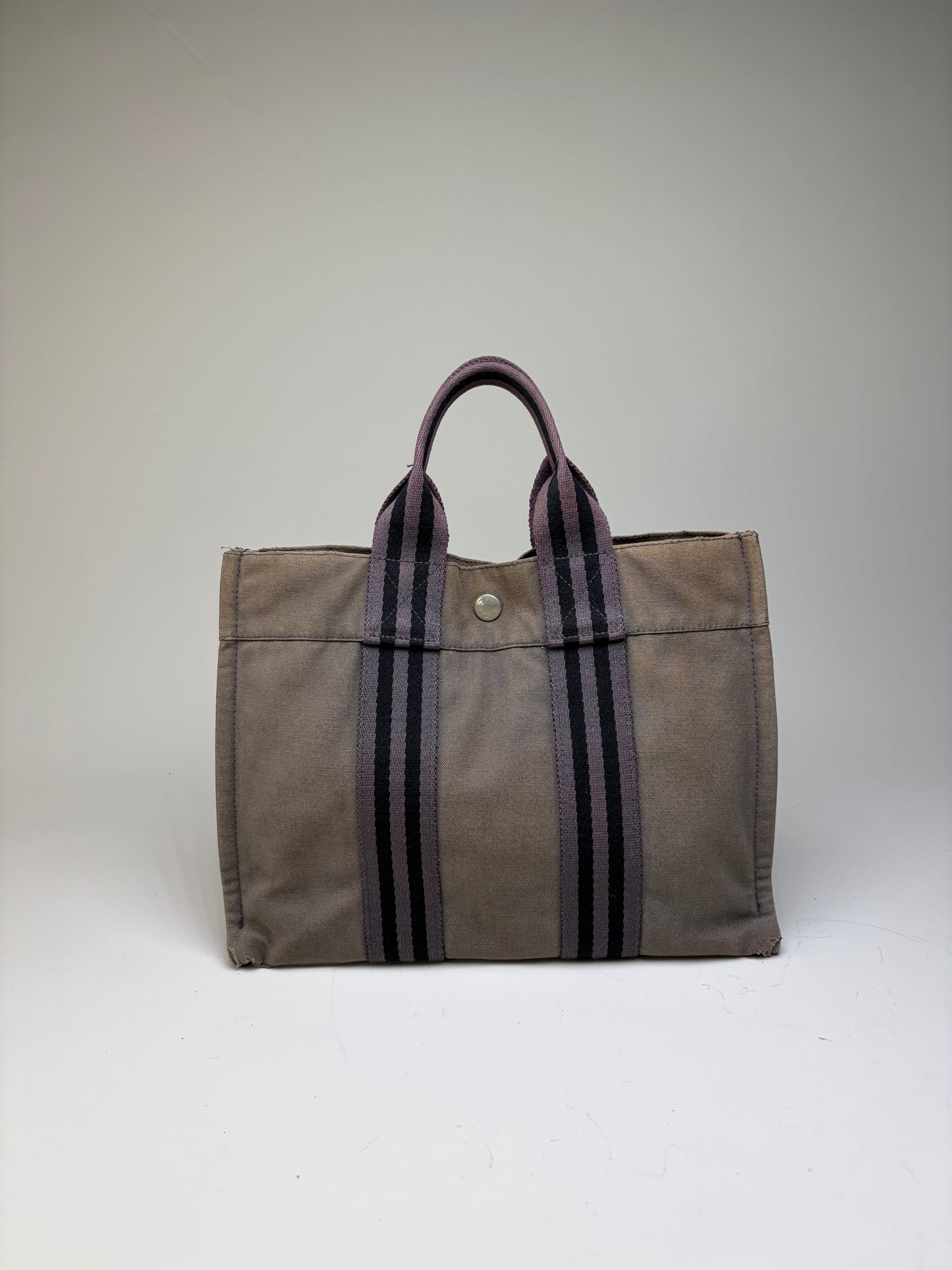 Vintage Hermes Canvas Stripe Tote Gray Black Purple