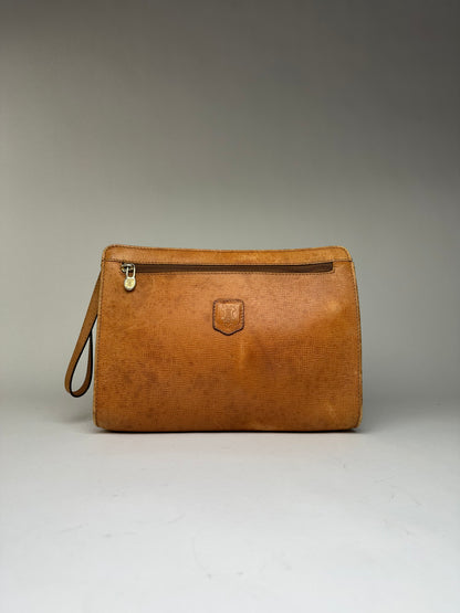 Vintage Celine Textured Leather Clutch c. 1990 Tan Gold