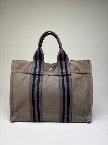 Vintage Hermes Canvas Stripe Tote Gray Black Purple