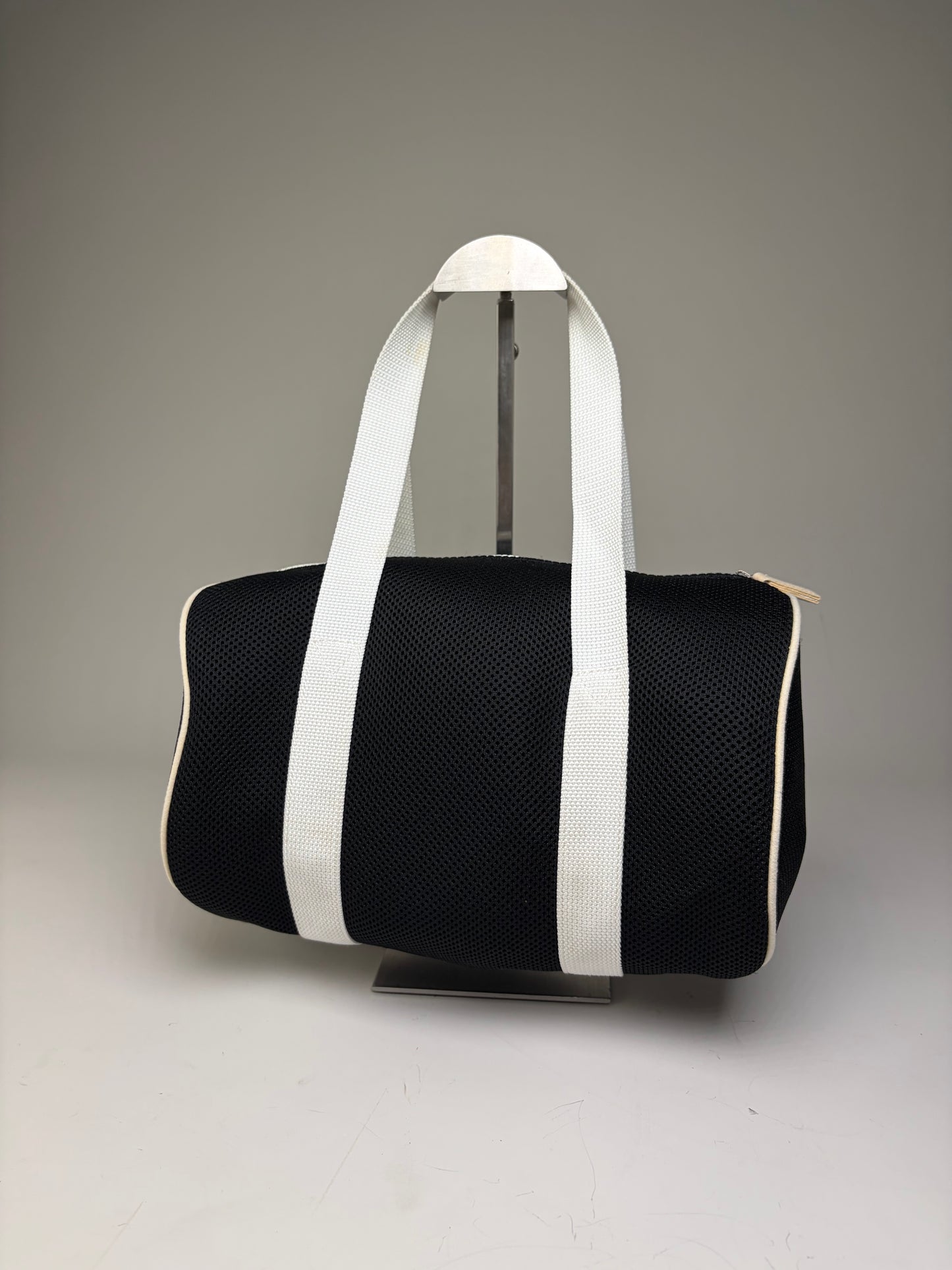 Vintage Courreges Mesh Leather Trim Tote Black White