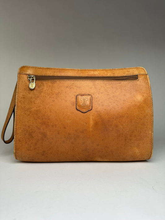 Vintage Celine Textured Leather Clutch c. 1990 Tan Gold