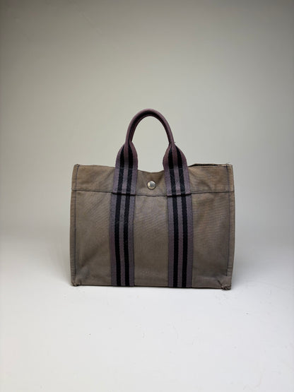 Vintage Hermes Canvas Stripe Tote Gray Black Purple