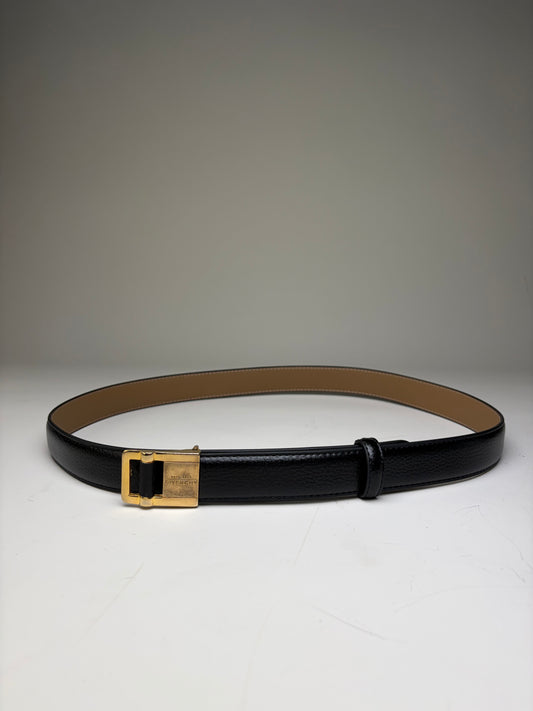 Vintage Givenchy Leather Belt Black Beige Gold Buckle