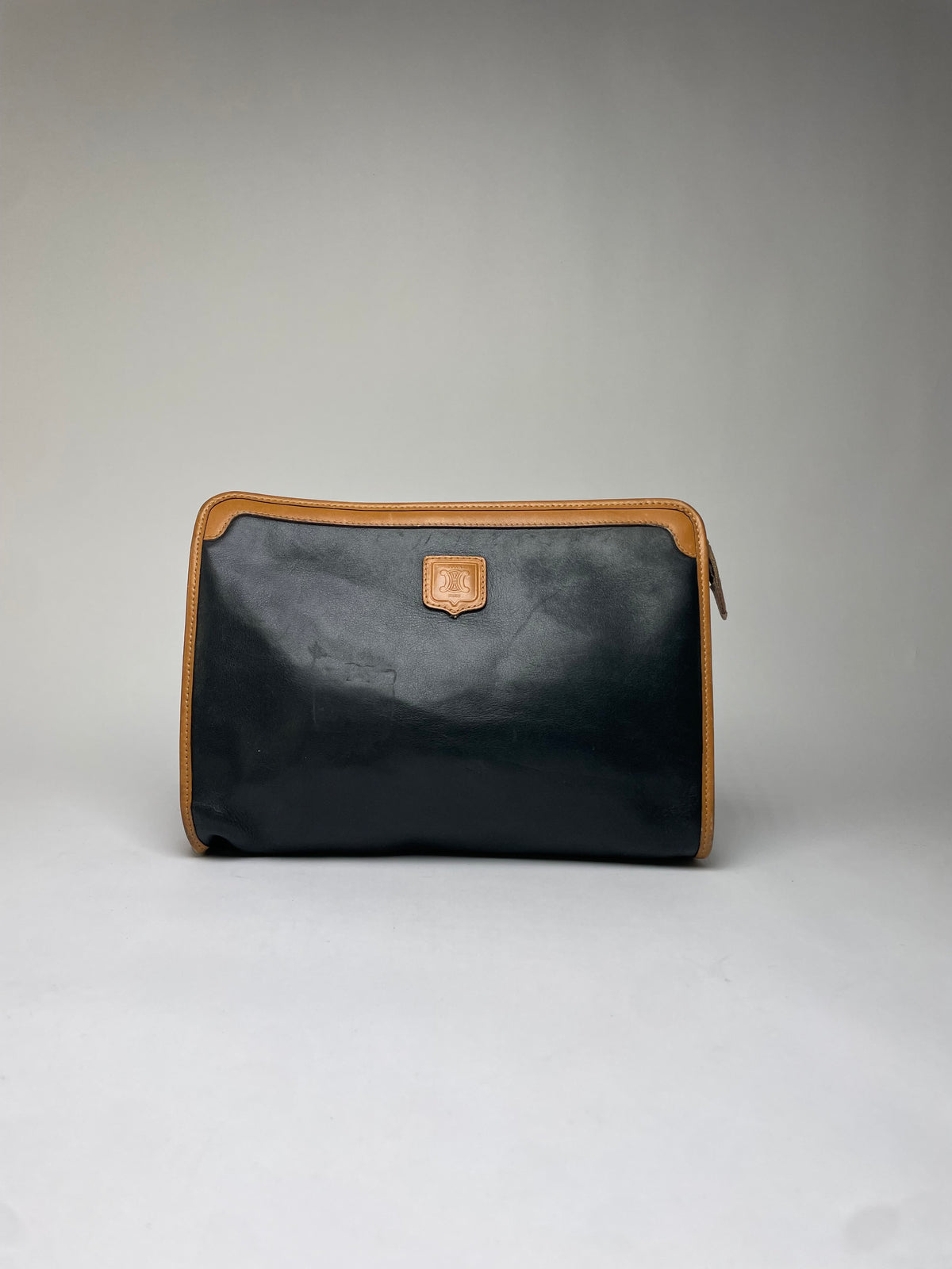 Vintage Celine Blazon Leather Clutch Late 1980s Black Beige