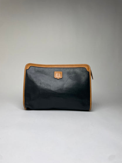 Vintage Celine Blazon Leather Clutch Late 1980s Black Beige