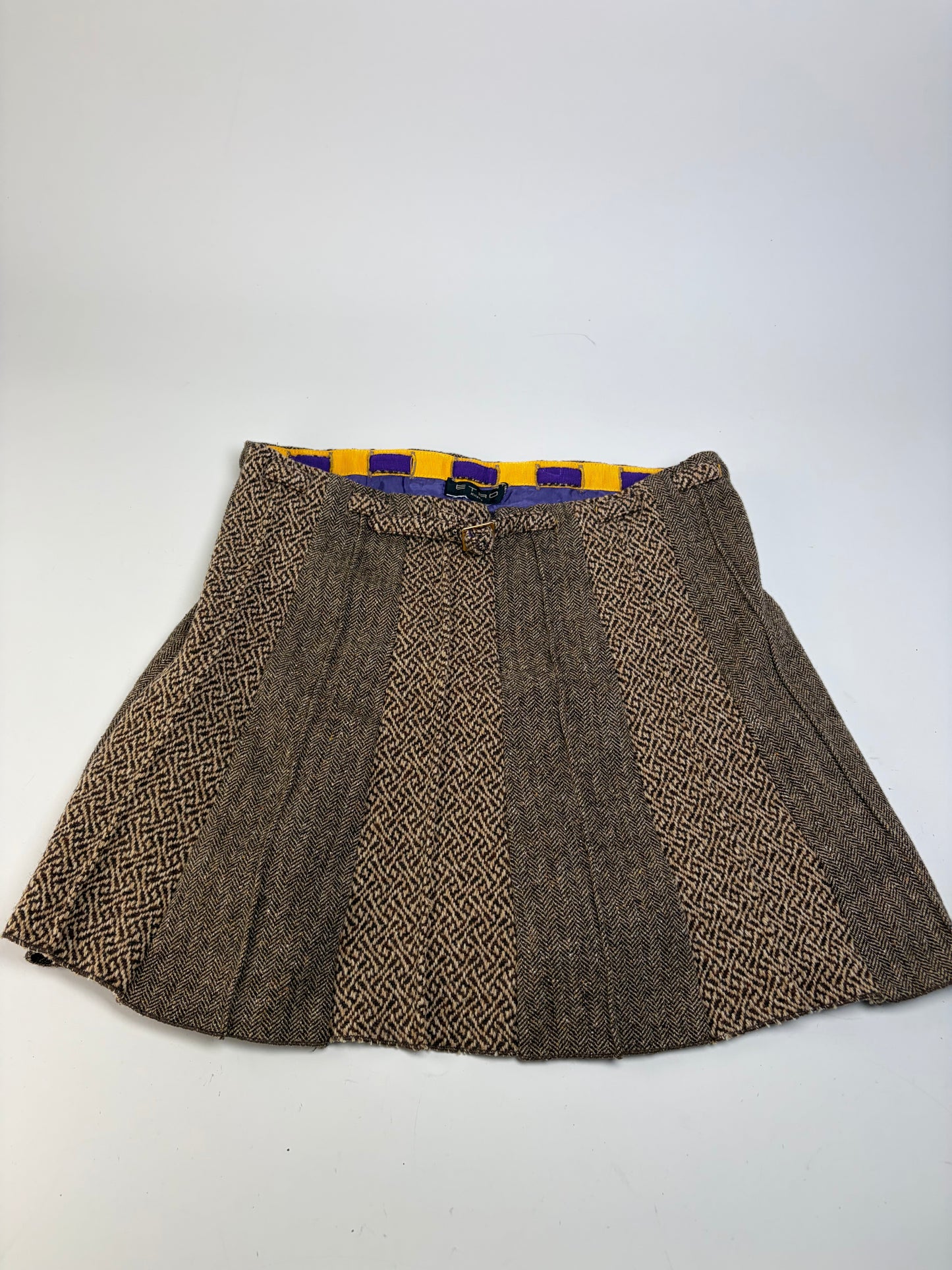 Vintage Etro Herringbone Wool Blend A-line Skirt Brown Beige M