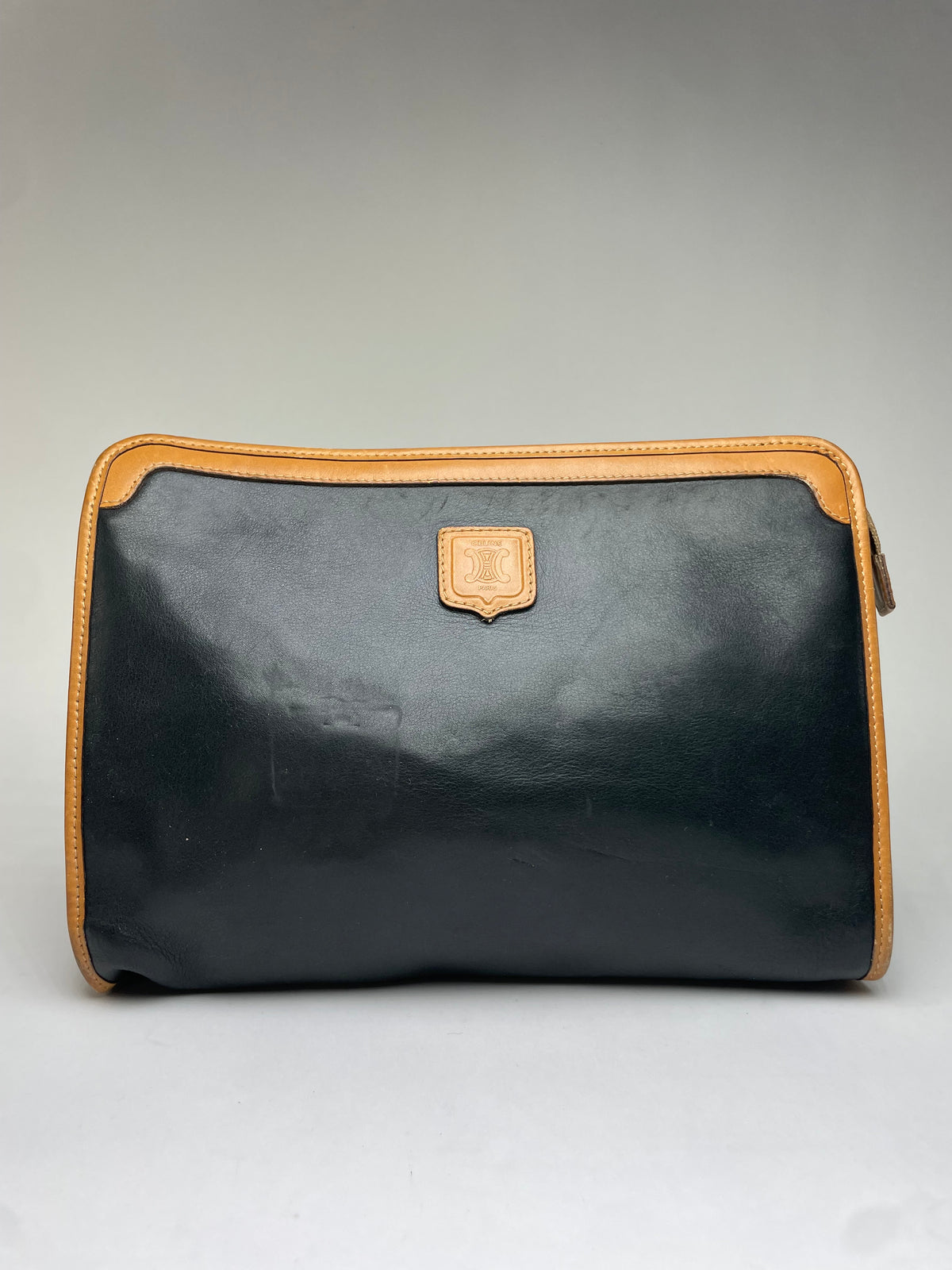 Vintage Celine Blazon Leather Clutch Late 1980s Black Beige