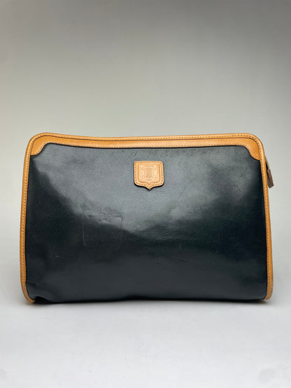 Vintage Celine Blazon Leather Clutch Late 1980s Black Beige