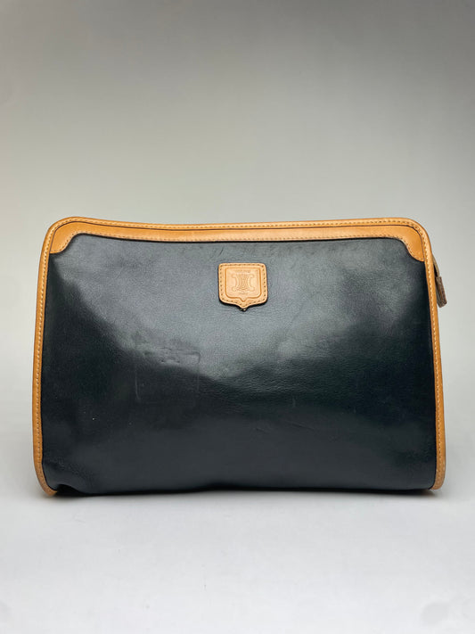 Vintage Celine Blazon Leather Clutch Late 1980s Black Beige