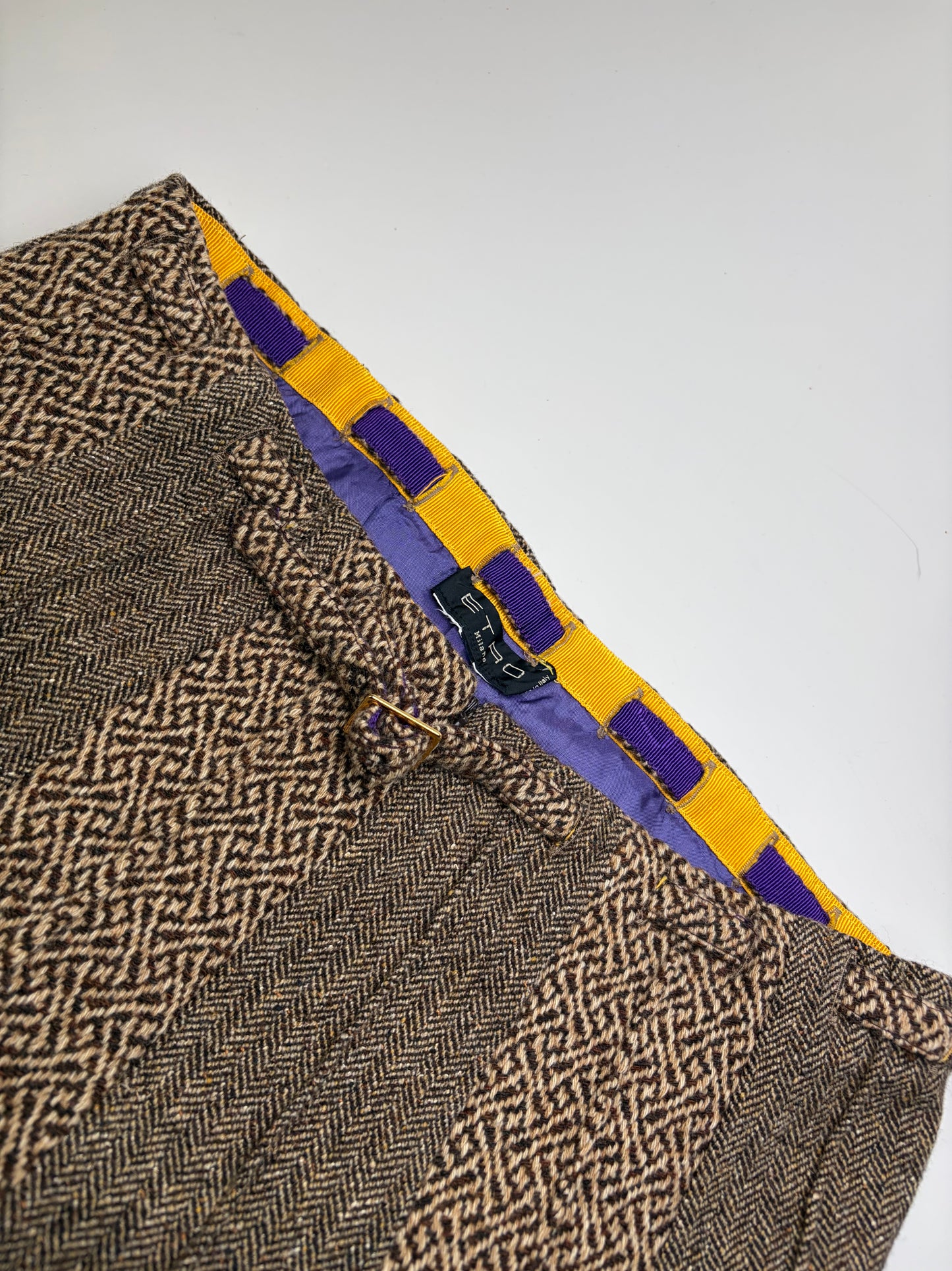 Vintage Etro Herringbone Wool Blend A-line Skirt Brown Beige M
