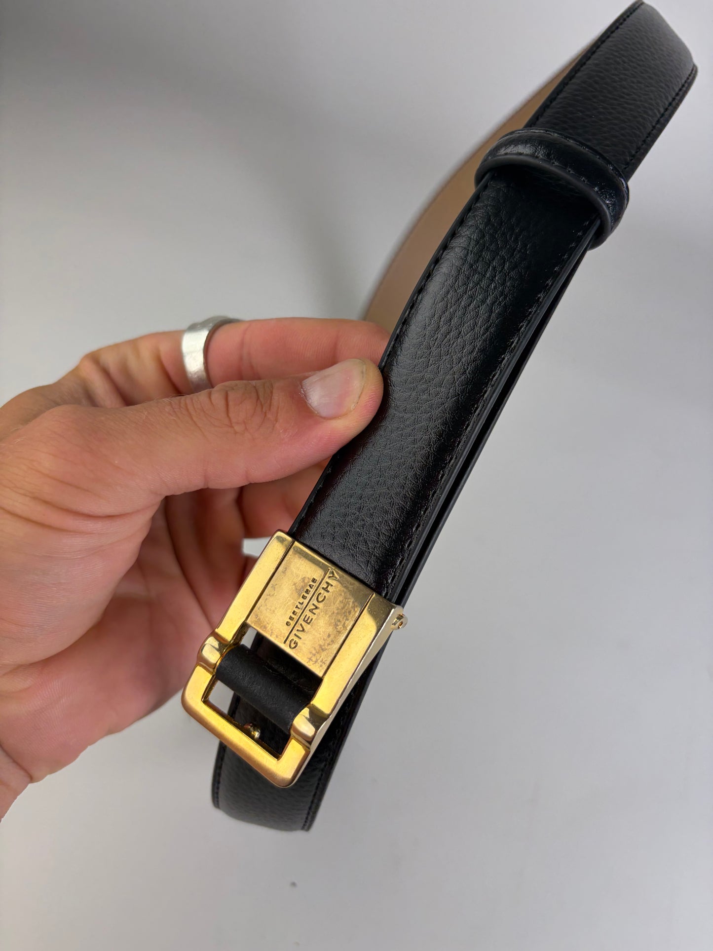 Vintage Givenchy Leather Belt Black Beige Gold Buckle