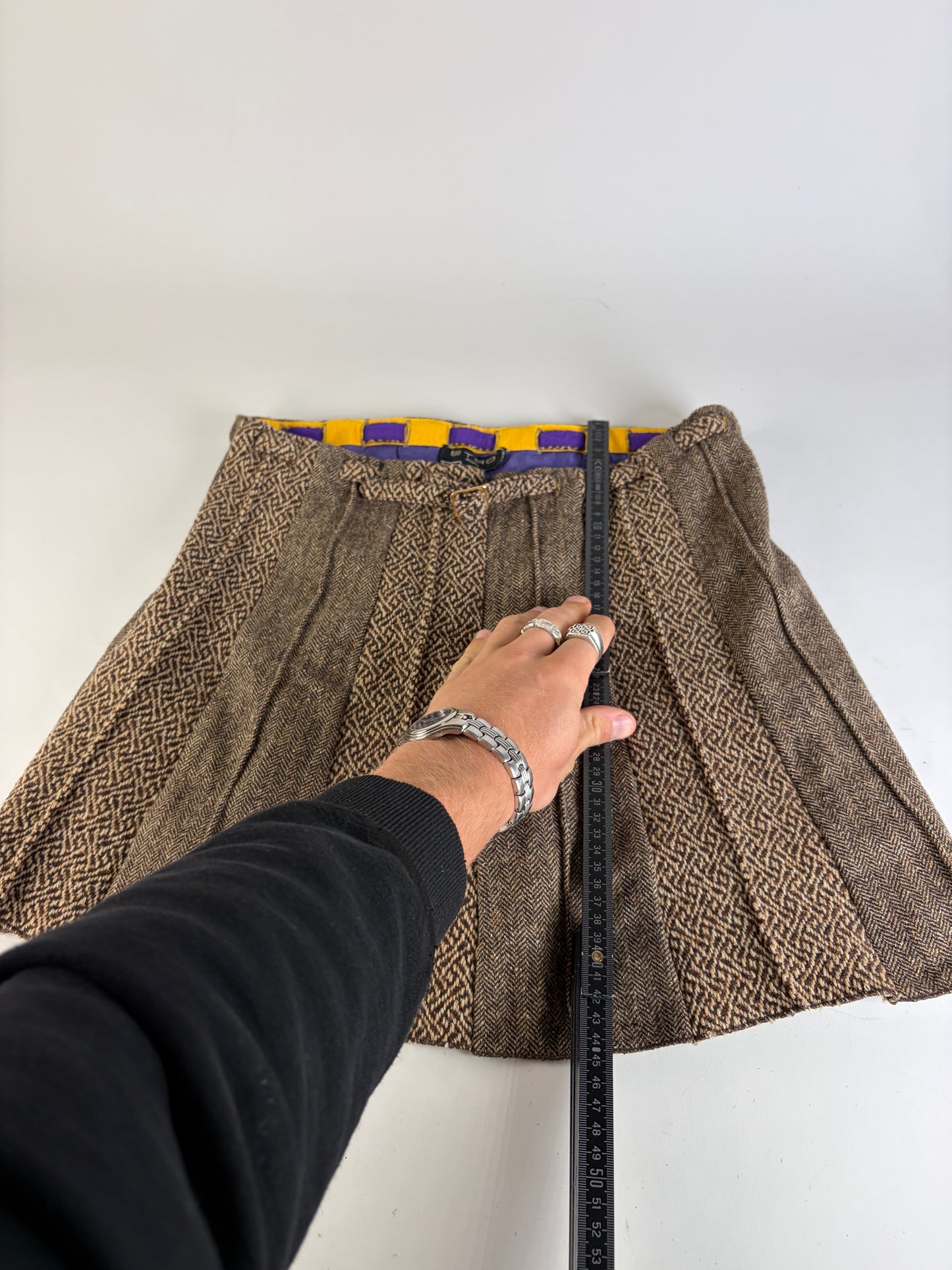 Vintage Etro Herringbone Wool Blend A-line Skirt Brown Beige M