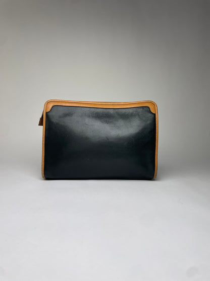 Vintage Celine Blazon Leather Clutch Late 1980s Black Beige