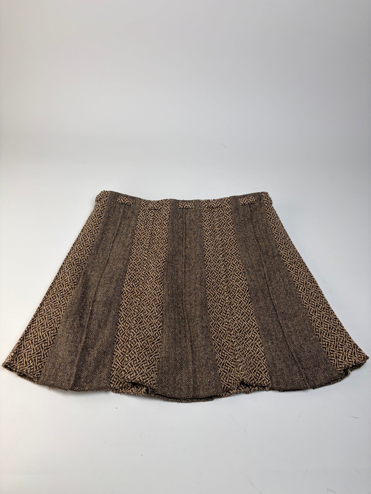 Vintage Etro Herringbone Wool Blend A-line Skirt Brown Beige M