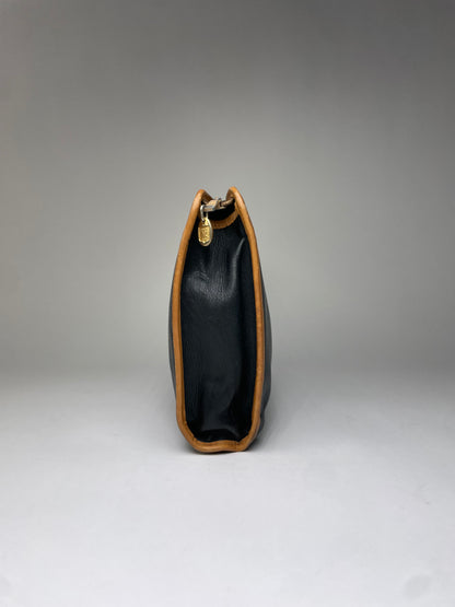 Vintage Celine Blazon Leather Clutch Late 1980s Black Beige