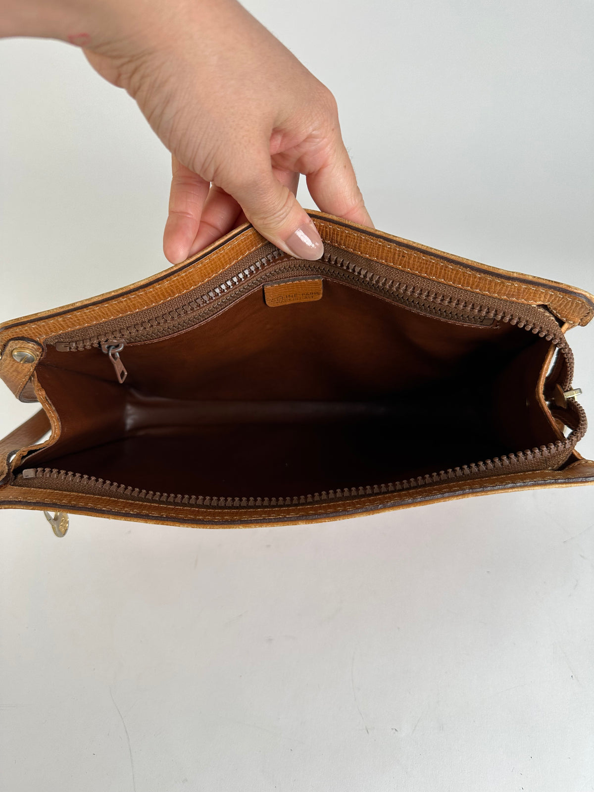 Vintage Celine Textured Leather Clutch c. 1990 Tan Gold
