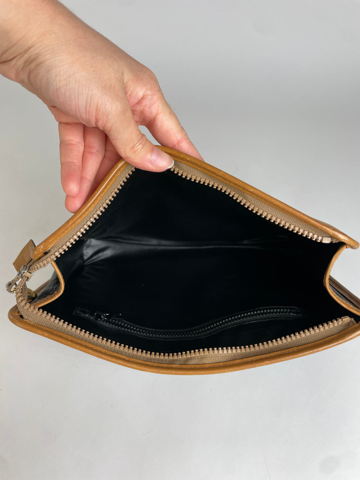 Vintage Celine Blazon Leather Clutch Late 1980s Black Beige