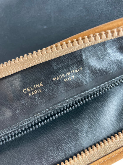 Vintage Celine Blazon Leather Clutch Late 1980s Black Beige