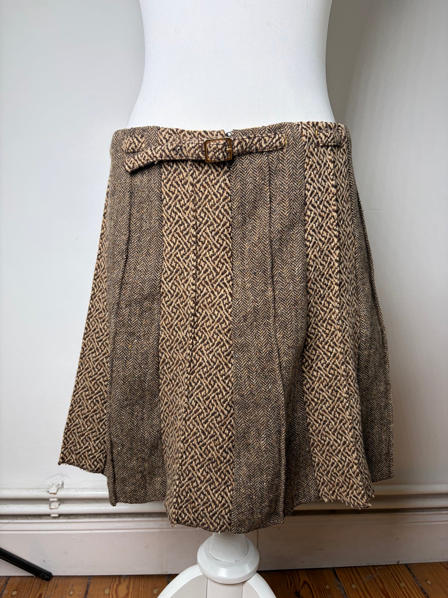 Vintage Etro Herringbone Wool Blend A-line Skirt Brown Beige M