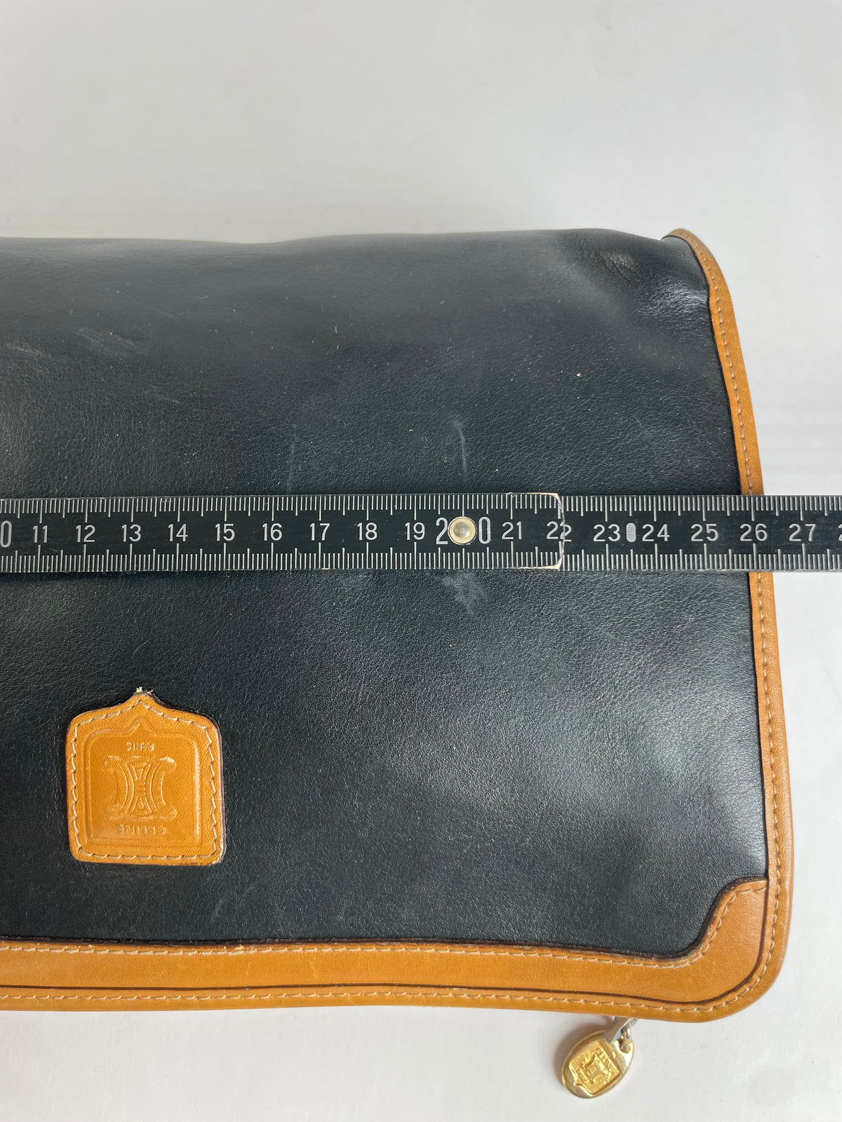 Vintage Celine Blazon Leather Clutch Late 1980s Black Beige