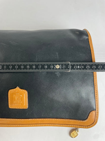 Vintage Celine Blazon Leather Clutch Late 1980s Black Beige
