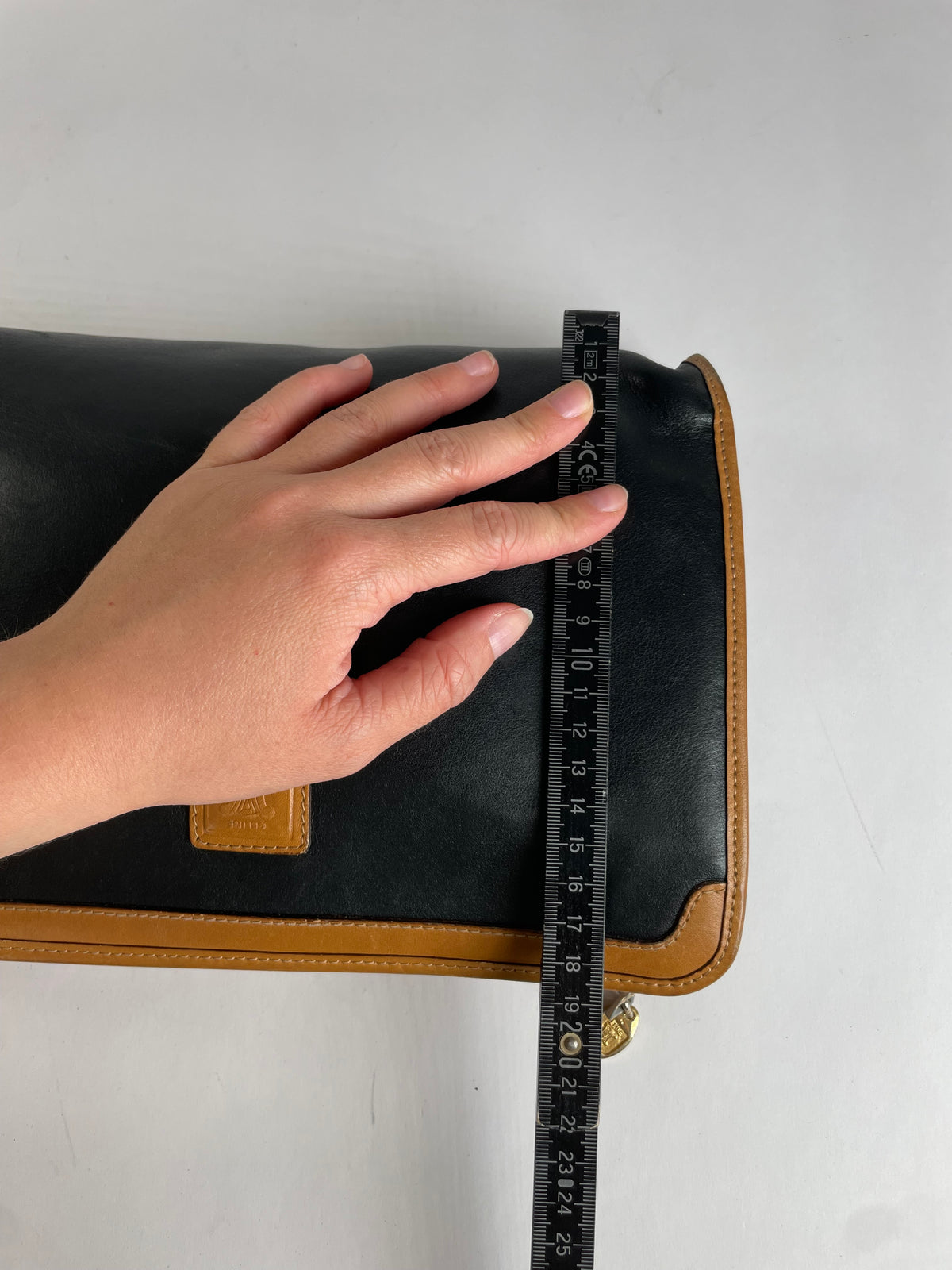 Vintage Celine Blazon Leather Clutch Late 1980s Black Beige