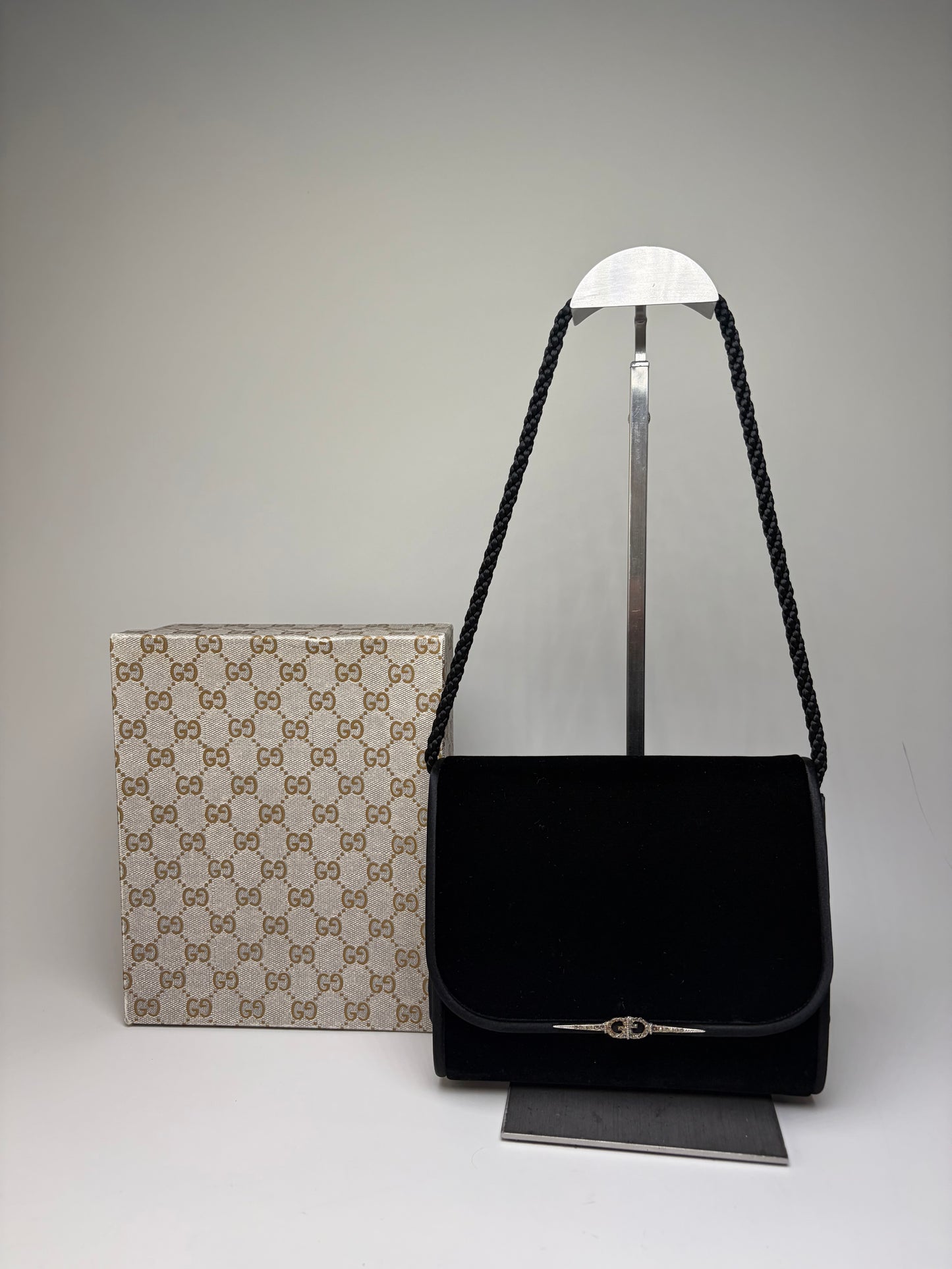 Vintage Gucci Velvet Shoulder Bag Black Silver