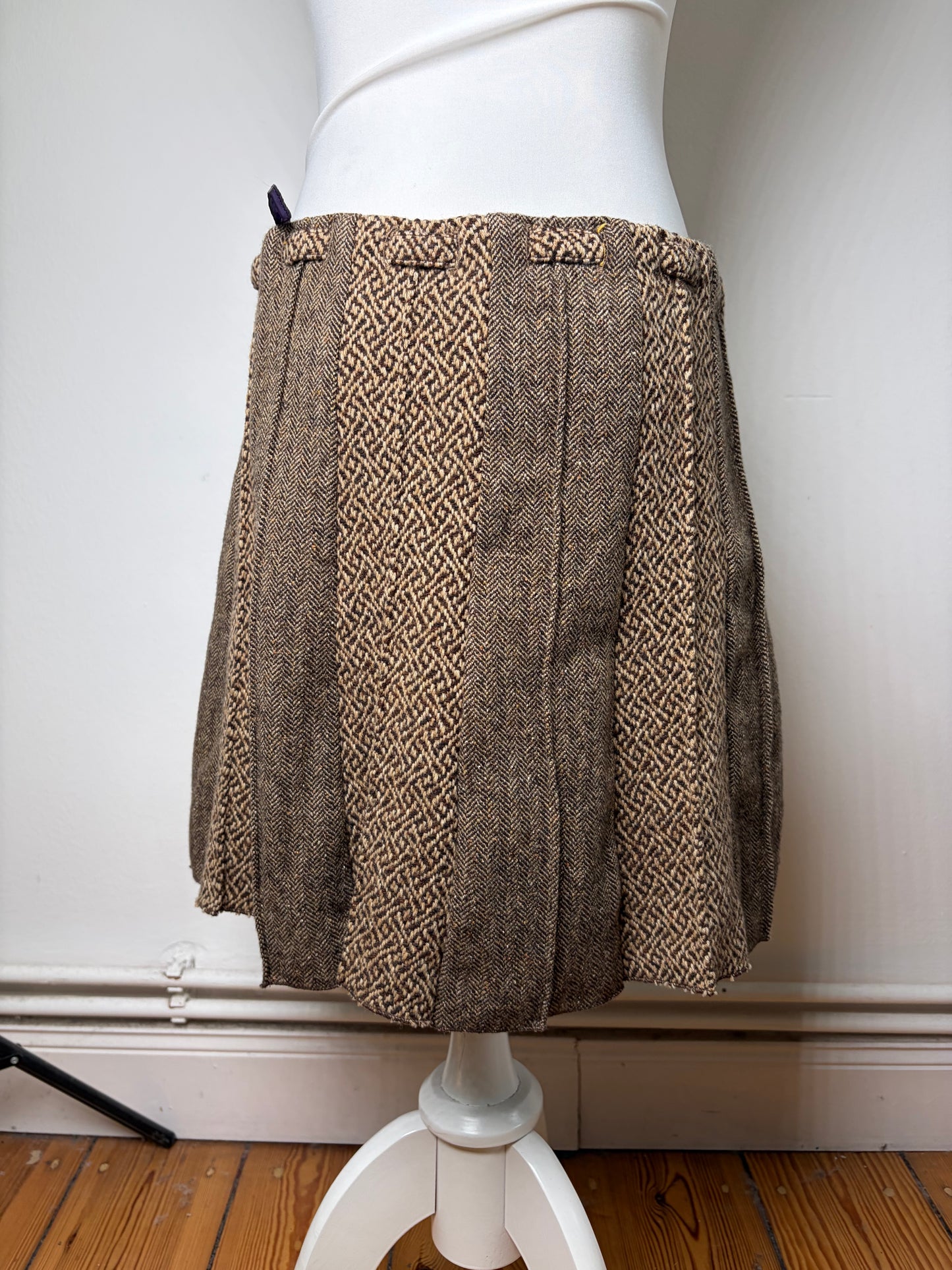 Vintage Etro Herringbone Wool Blend A-line Skirt Brown Beige M